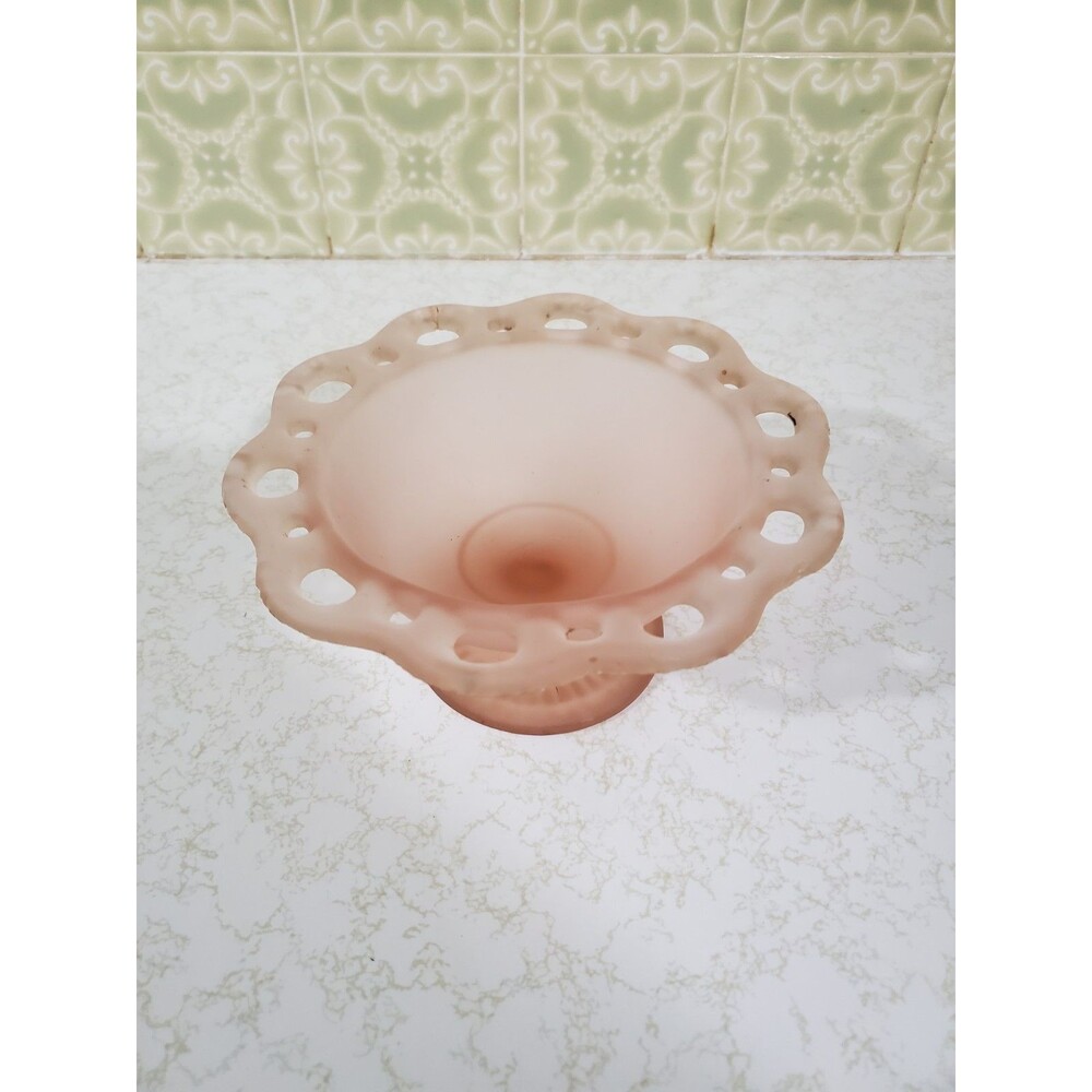 Vintage Frosted Glass Pink Pedestal Candy Dish 3.5" Tall 6" Wide Open Lace Rim